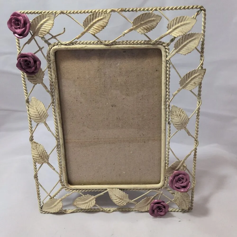 Vintage Shabby Chic Cream Metal Wire Picture Frame Pink Roses Leaf Lattice 5x7